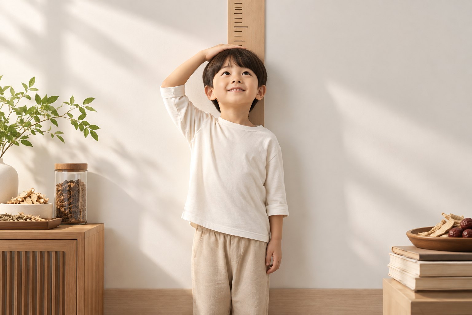 키 재는 벽 앞에 선 아이